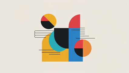 Modern geometric abstract composition with colorful shapes and minimalist lines on beige background