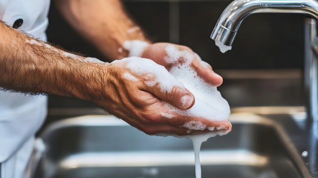 A chef thoroughly washing hands at a kitchen sink to maintain food safety standards.