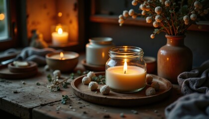 Cozy scene with a lit candle in a glass jar, dried flowers, and soft decor on a rustic wooden table, evoking warmth and relaxation.