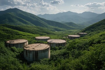 Industrial Storage Tanks in Lush Mountain Landscape under Blue Sky
