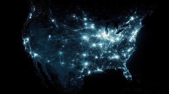 Glowing blue data threads crossing the USA map in neural network patterns, faintly lighting up against a dark satellite view backdrop.
