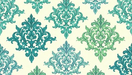 Obraz premium Symmetrical paisley damask pattern in muted blues and greens on cream backdrop, texture, home, detail