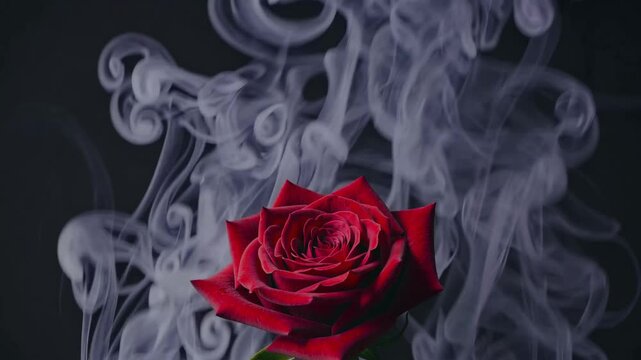 Timelapse of vibrant red rose gradually concealed by elegant swirling smoke patterns
