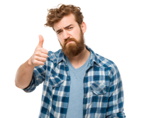 A bearded man with a hesitant expression gives a thumbs up in a studio shot with a black backdrop.