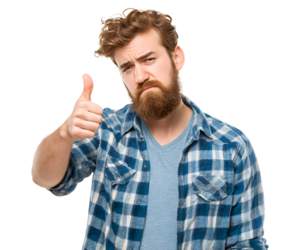 A bearded man with a hesitant expression gives a thumbs up in a studio shot with a black backdrop.