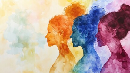 A watercolor painting of colorful silhouettes of women in profile.