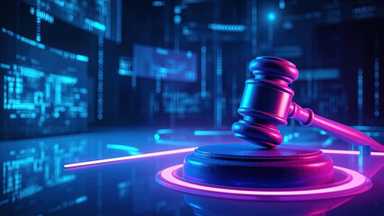 Futuristic digital law concept with judge's gavel with neon blue and purple lighting– cybersecurity law, legal technology, blockchain regulation, and AI Governance