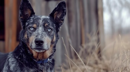Blue Heeler Portrait With Bright Eyes.  Beautiful Dog Looking At The Camera In Outdoor Setting.