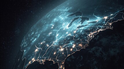Satellite-style view of USA with faintly illuminated blue neural network web overlay, creating a futuristic and intelligent data system aesthetic.