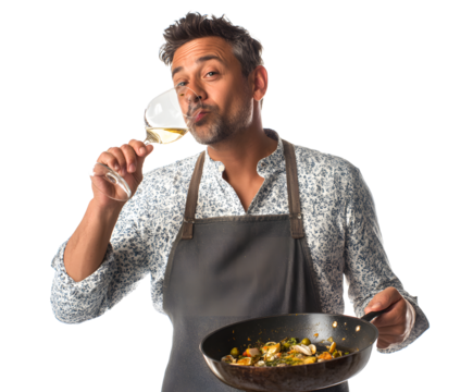 A chef holding a pan and tasting white wine, showcasing culinary expertise and enjoyment.