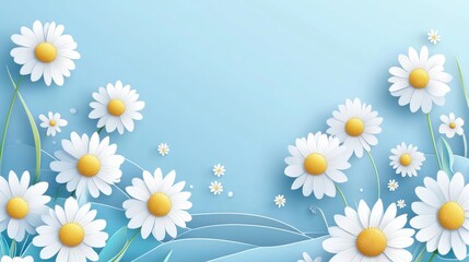 A collection of paper daisies on a blue background.