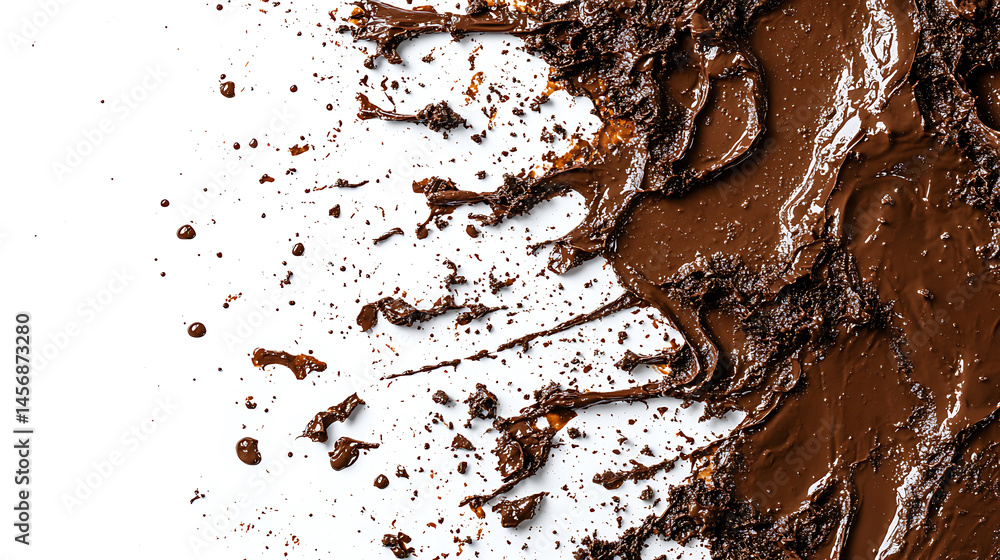 Poster abstract chocolate mud splatter background displaying dirty wet messy texture on a white backdrop fo