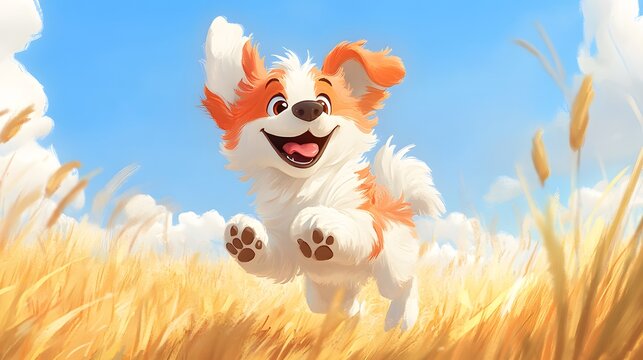 Playful puppy leaping through a golden field.