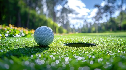 Golf ball on fairway sunny day at golf course