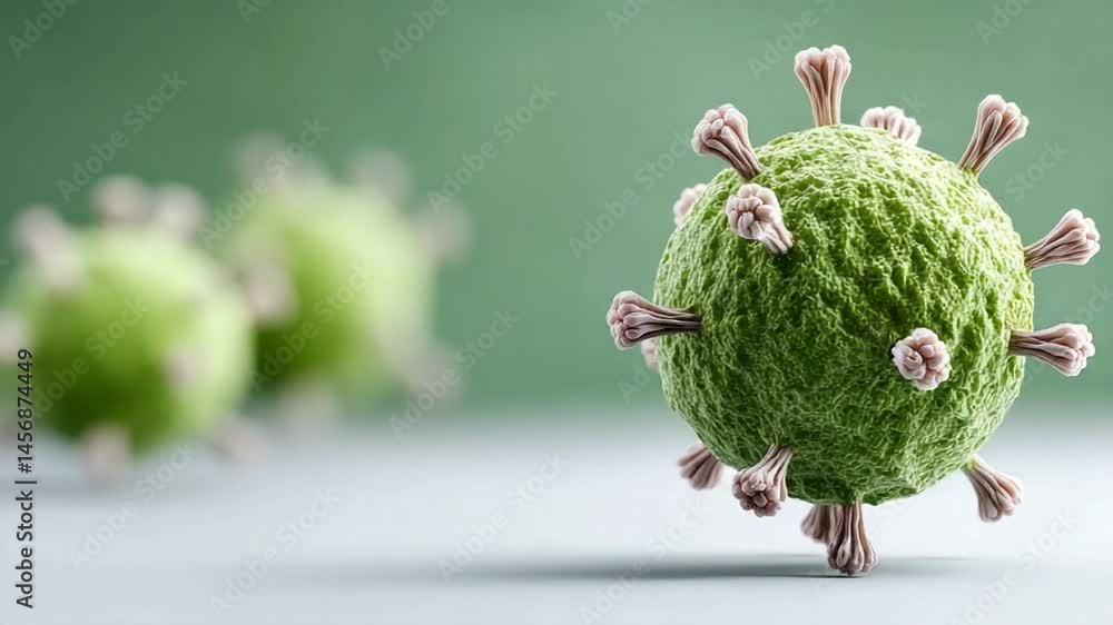 Poster Microscopic Menace: An intricately detailed, photorealistic rendering of a virus, emphasizing its complex structure and potential threat.