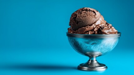 Chocolate Ice Cream in Silver Bowl on Blue Background