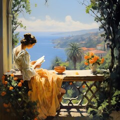 Lady Reading a Book on a Balcony Overlooking the Ocean and Coastal Town