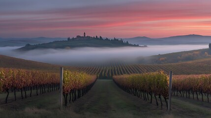 Obraz premium Soft morning light shines on a peaceful vineyard in Tuscany, with gentle hills in the background.