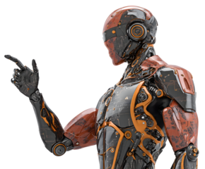 A detailed depiction of a cyborg robot pointing in a digital and futuristic setting.