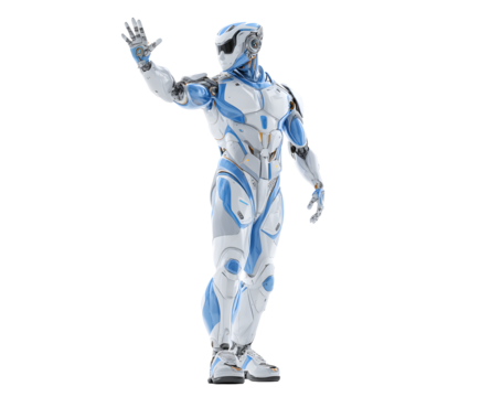 A white and blue robot stands waving hello, showcasing advanced robotic design and technology.