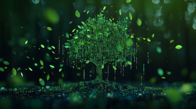 Digital Code Tree with Falling Leaves, Futuristic Technology Concept Art