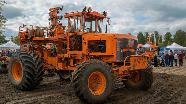 Vintage restored agricultural tractor on display at a rural farming equipment show, showcasing classic machinery and agricultural heritage.