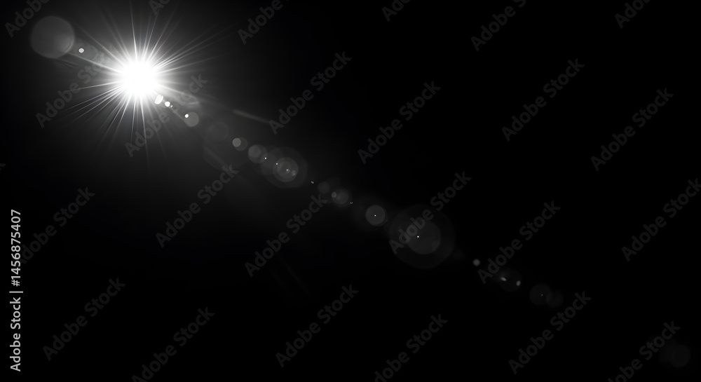 Poster dynamic black and white lens flare with bright light source creating optical effect on dark backdrop