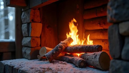 Cozy Winter Fireplace Scene with Snow-Covered Logs and Stone Hearth