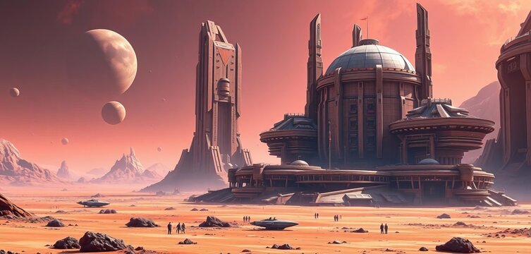 Futuristic colony on an alien planet with colossal structures, vast empty spaces ,  background,  concept art