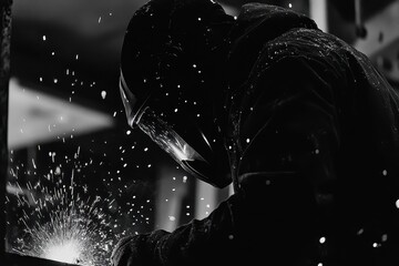 Welder in Action Creating Sparks in Industrial Environment