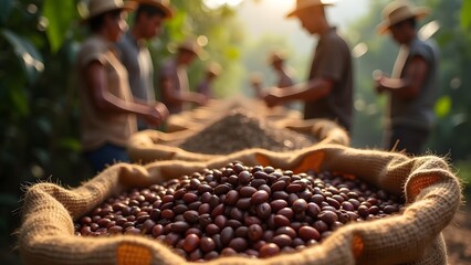 Coffee Bean Harvest: Farmers Sort and Select Beans in a Burlap Sack on a Traditional Farm