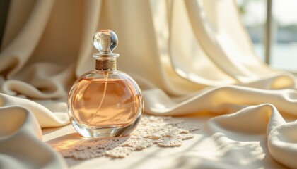 Elegant glass perfume bottle with golden liquid, placed on lace fabric and surrounded by soft, draped beige cloth in natural sunlight.