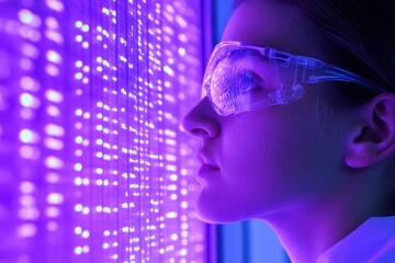 Woman in Safety Glasses Observing Bright Data Display with Focus