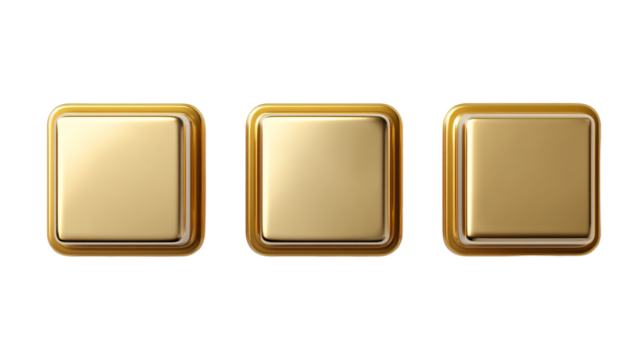 three gold square buttons on a white surface