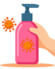 Hand holding pink sanitizer bottle with virus illustrations nearby, symbolizing hygiene and health