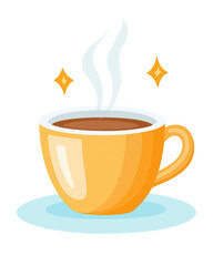 Vibrant, flat art style icon of steaming tea cup, radiating warmth and comfort, perfect for beverage lovers
