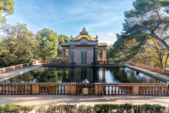 Reflecting pool with neoclassical pavilion at Parc del Laberint dHorta