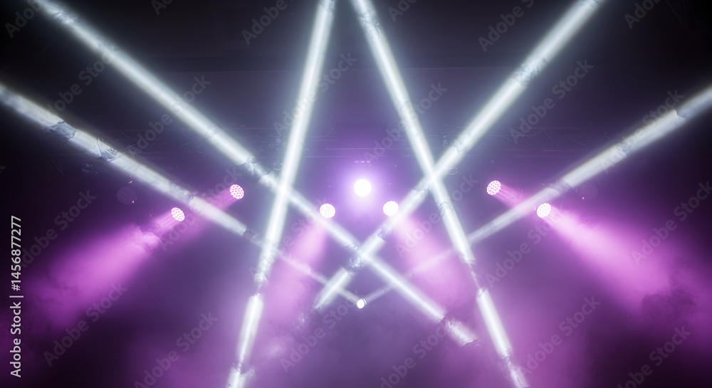 Poster dynamic stage lighting with purple and white beams creating an abstract energetic display in smoky a