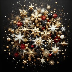 intricate, detailed, holiday wreath, golden snowflakes, sparkling ornaments, festive, magical, shimmering, whimsical, black background