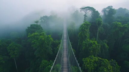 Obraz premium Misty jungle suspension bridge amidst lush greenery.