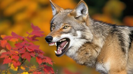 A red wolf snarls, its teeth bared, amidst vibrant autumn foliage.