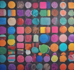 Colorful round and square stickers, various textures , branding, neon