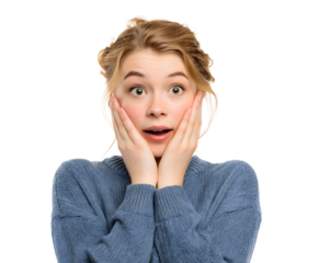 A young woman expresses shock and surprise with wide eyes and her hands touching her cheeks.