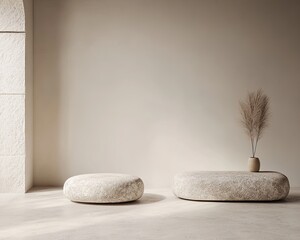 Neutral stone coffee table display in a minimalist interior.