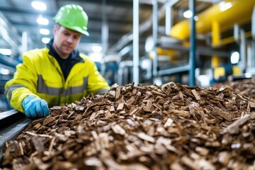 Worker in Safety Gear Examines Wood Chips in Industrial Facility