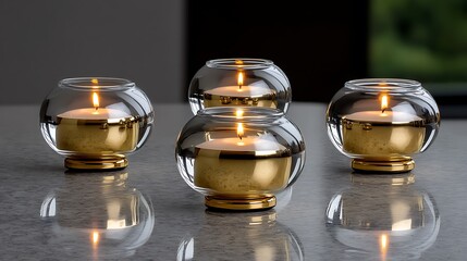 Golden Glow Four Glass Candles on Table.