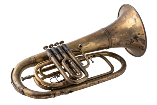 Distressed Antique Brass Baritone Horn Isolated on Black, Showing Age and Patina, Vintage Musical Instrument.