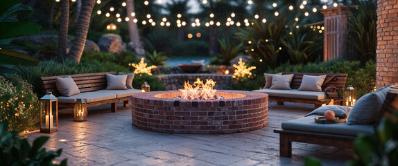 Tranquil outdoor scene featuring a brick fire pit and cozy lounge seating with string lights