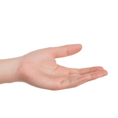 Person hand is isolated on transparency background, showcasing open palm, inviting and ready to hold or receive something