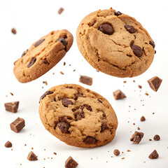 "High-resolution floating chocolate chip cookies with visible chunks on white background, perfect for food ads and packaging"